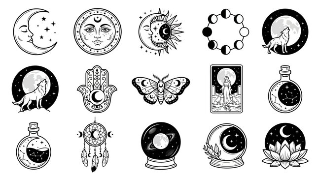 Mystical Symbols: Moon, Sun, Wolf, Moth, Crystal Ball, Dreamcatcher