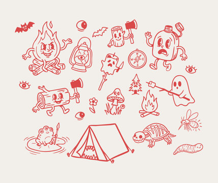 Hand drawn spooky camping, vintage cartoon horror icon collection with haunted tents, monster bonfire, ghost roasting marshmallows, axes skeleton turtle, swamp frog and compass vector illustration
