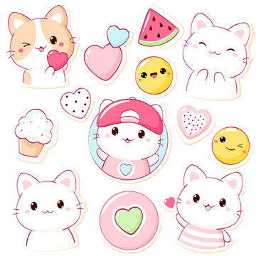 Set for scrapbooking in kawaii style. Cute badge, tag, label with cat, heart, watermelon. Sweet kitty themed сollection of cozy sticker. Can be used for t-shirt print, sticker, badge. Vector EPS8
