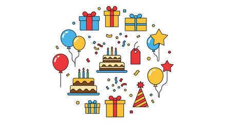 Naklejka premium Colorful birthday party celebration icons.