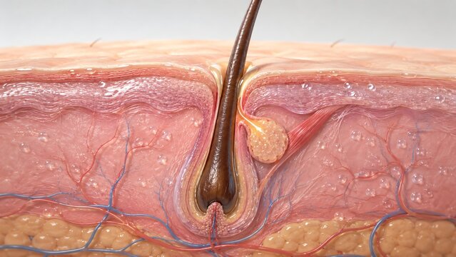 Microscopic cross section of human skin with hair follicle and sebaceous gland. 3D medical illustration of anatomy structure. Dermatology, skincare and biology science concept.