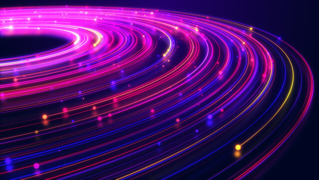 Abstract photonic light streams with glowing optical trails, high speed data transmission, fiber optic communication, and futuristic digital technology background. 3d rendering