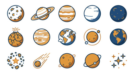 Planets and celestial bodies icons set. © retno
