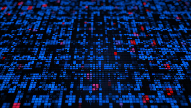 Abstract digital data grid with binary code visualization, big data analytics with artificial intelligence and cyber network information technology, futuristic database and computing 3d rendering