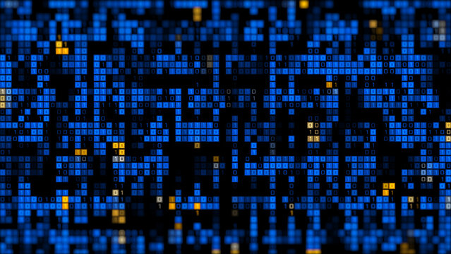 Abstract big data matrix with binary code visualization, Digital information flow, Artificial intelligence and data analytics, Cyber technology, Futuristic computing and database 3d rendering