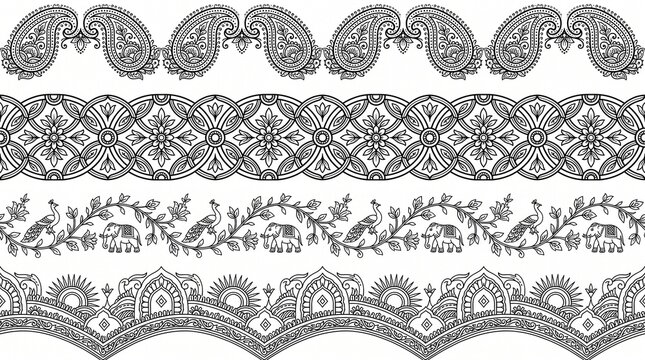 Traditional Indian Mehndi Style Seamless Borders Set with Paisley and Animals