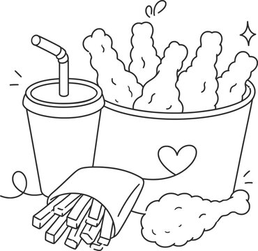 Fast Food Meal Line Art Vector Illustration Fried Chicken Fries and Soft Drink.