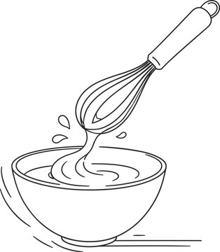 Kitchen Whisk Mixing Batter in Bowl Line Art Vector Illustration Baking Concept.