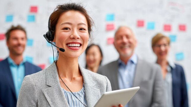 Japanese female sales representative delivers a confident presentation to the team with headset and tablet