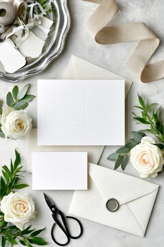 Wedding Invitation Mockup With Blank Cards, Envelopes, Roses, And Ribbon For Elegant Event Stationery Design