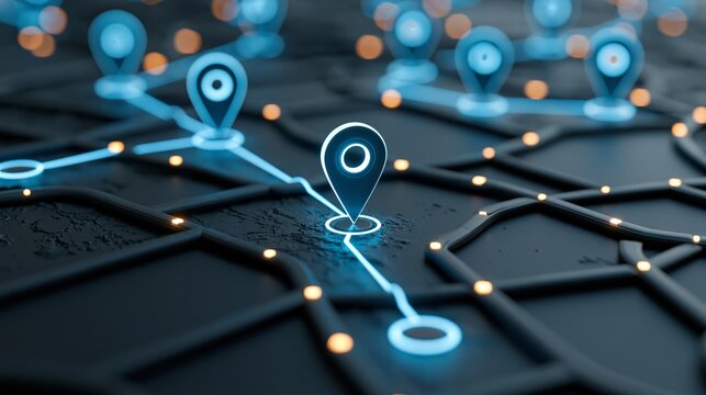 A digital map with glowing blue lines and orange dots on a dark background with location pins