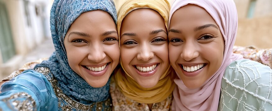 Diverse Group Of Happy Muslim Women In Hijabs Smiling For A Selfie, Friendship, Community, And Cultural Diversity