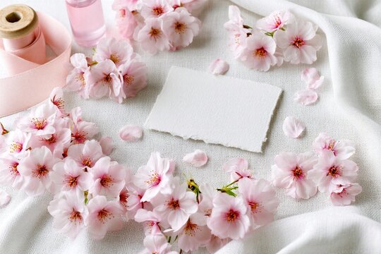 Springtime Celebration With Cherry Blossom Flowers, Blank Card, Pink Ribbon, And Essential Oil Bottle For Beauty And Wellness