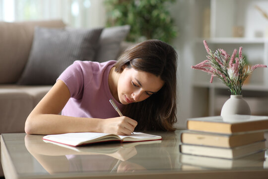 Serious woman writing note in paper agenda on a coffee table