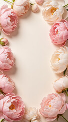 Fototapeta premium Elegant pink peony flower frame on pastel background with central copy space for romantic spring greeting card