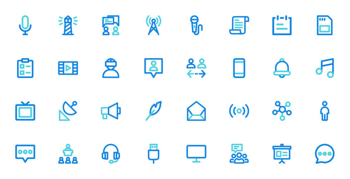 Communication icon set. Minimalist icons pack. Includes symbols for microphone, antenna, smartphone, signal, network, chat, presentation and more. Editable vector stroke.