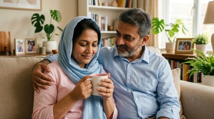Fototapeta premium Middle aged couple sitting on a beige sofa, woman in a light blue hijab holding a white mug