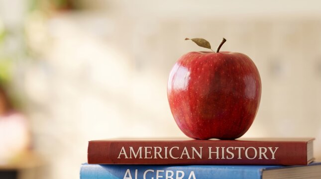 Red apple sitting on American history and algebra textbooks
