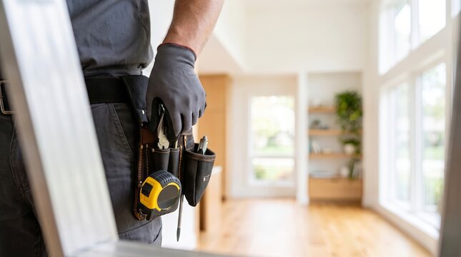 Handyman reaching for pliers from tool belt in modern house