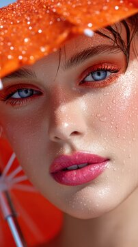 Woman with blue eyes and pink lips holds orange umbrella under rain in bright setting