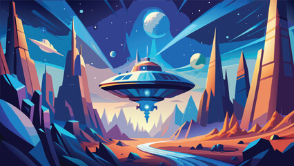 Futuristic flying saucer hovering over alien desert landscape with stone spires and planets spaceship extraterrestrial universe landscape adventure exploration mysterious discovery astronomy © Joy Dev