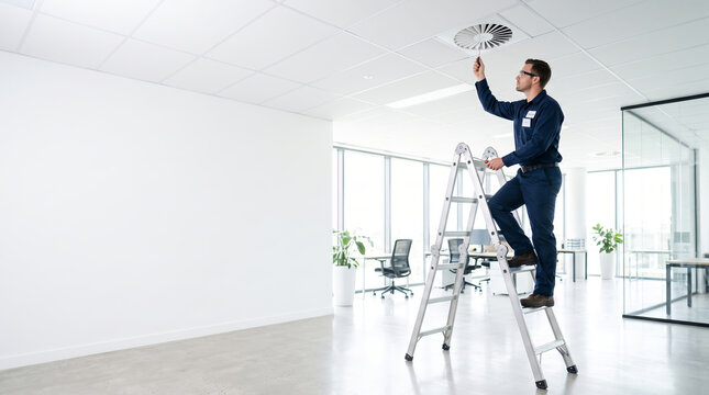 HVAC technician climbing ladder to inspect office ceiling vent