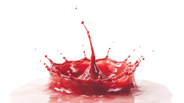 A vibrant red liquid splash forming a crown shape with a central rising droplet, isolated on a black background, showing fluid dynamics