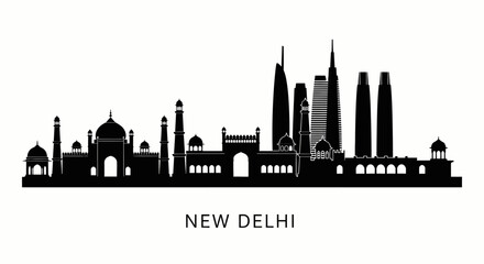 Obraz premium New Delhi skyline silhouette vector, India landmarks panorama, modern architecture
