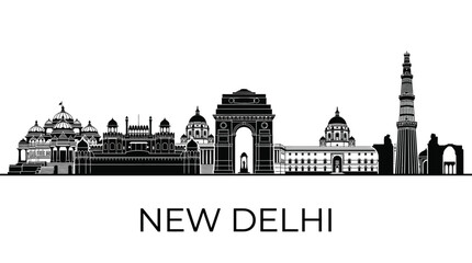 Obraz premium New Delhi Skyline Silhouette, India Gate, Qutub Minar, Famous Landmarks