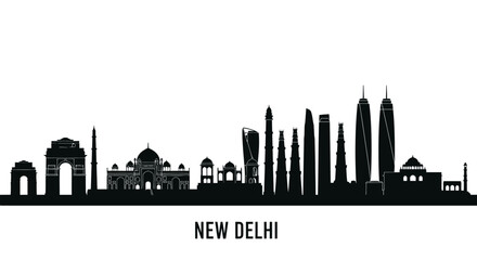 Obraz premium New Delhi skyline silhouette, India's capital city landmarks in black and white