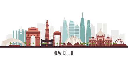 Fototapeta premium New Delhi Skyline Vector Art - India Landmarks & Modern Buildings