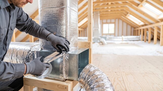 HVAC technician sealing ventilation duct with foil tape in attic