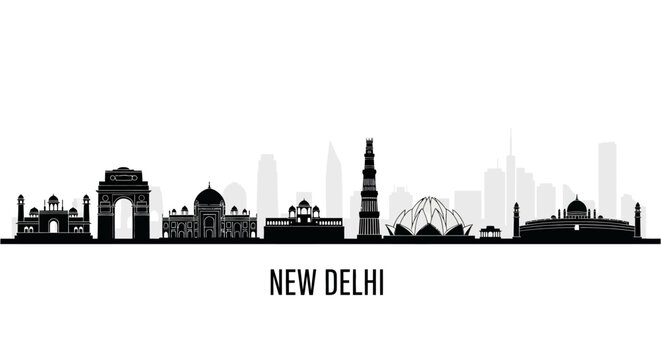 New Delhi Skyline Silhouette - Iconic Landmarks Vector Illustration