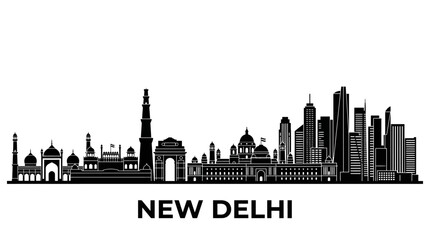 Fototapeta premium New Delhi Skyline Silhouette - India Gate, Modern Buildings, Historic Landmarks