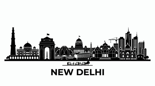 New Delhi Skyline Silhouette - India Gate, Parliament, Lotus Temple Landmarks