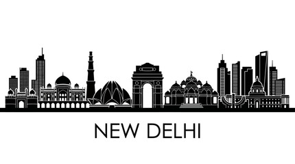 Fototapeta premium New Delhi Cityscape Silhouette - Iconic Landmarks Panorama