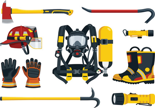 Set of professional firefighter equipment and tools