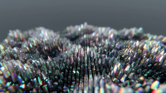 Close-up of a field of iridescent crystal-like spikes, each facet catching light and bending color into tiny rainbows; a shallow depth of field isolates fine tips against a dark, dreamy background..
