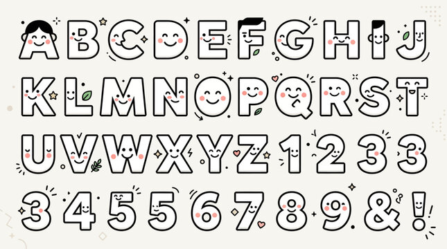 Whimsical Alphabet Letters & Numbers with Cute Faces - Fun Cartoon Font