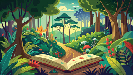 Fototapeta premium Open storybook revealing a magical forest landscape illustration with storybook adventure imagination illustration landscape fairytale creative whimsical woodland literature education