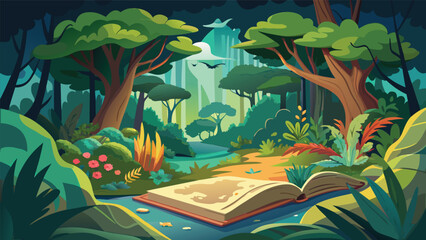 Open magical fantasy book lying in a lush forest clearing surrounded by plants and trees with fairytale adventure imagination literature woodland clearing mystical enchanted environment © Joy Dev