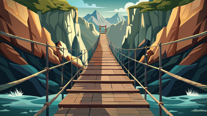 Suspension rope bridge over river between steep rock canyons with mountain adventure landscape crossing exploration trekking wilderness perspective outdoors elevation destination vacation © Joy Dev