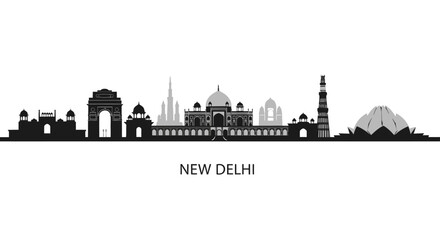 Fototapeta premium New Delhi Skyline Silhouette - Famous Landmarks Vector Art