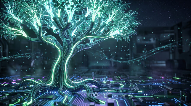 Abstract digital tree composed of glowing fiber optic cables growing on computer circuit board.