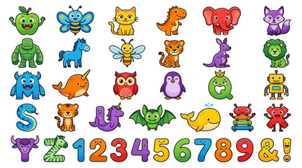 Obraz premium Cute Cartoon Animals, Alphabet Letters, and Numbers Collection for Kids