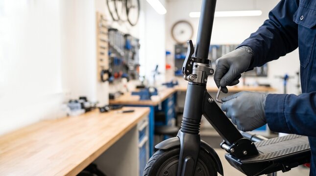Mechanic adjusting electric scooter stem with tool in service shop