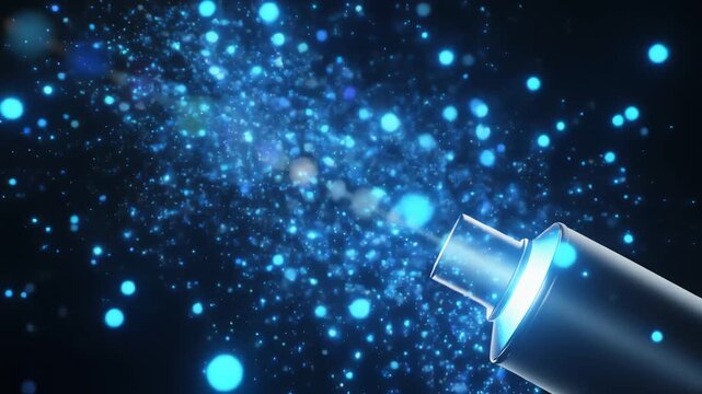 Close-up of a metallic spray nozzle releasing a stream of blue particles, forming a glowing cloud and curved arc of light against a dark gradient, lux conveying motion, energy, and futuristic design