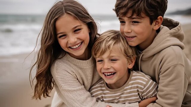 Joyful siblings share a warm embrace on a sandy beach with ocean waves in the background
