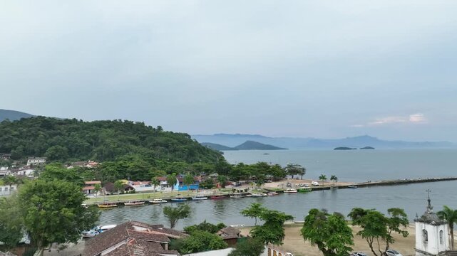 Cinematic aerial drone footage of Old Town, Paraty, Brazil