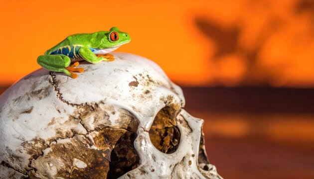 Green tree frog perched on a weathered skull.